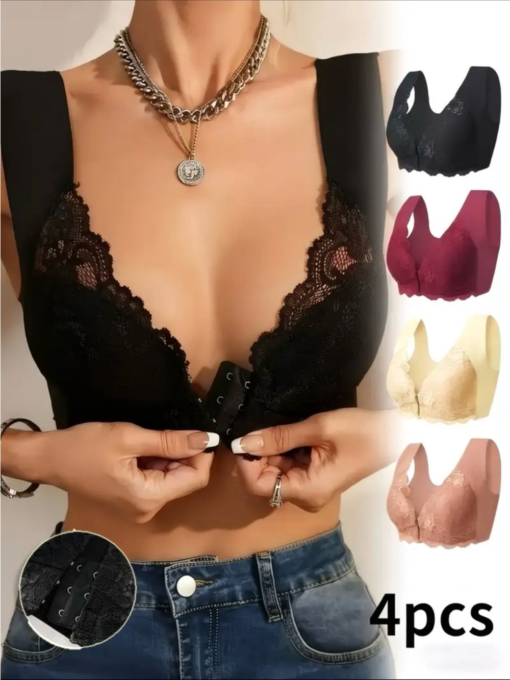 Lace Front-Closure Comfort Bra - 4-Pack (Black, Burgundy, Cream, Blush)- NWOT